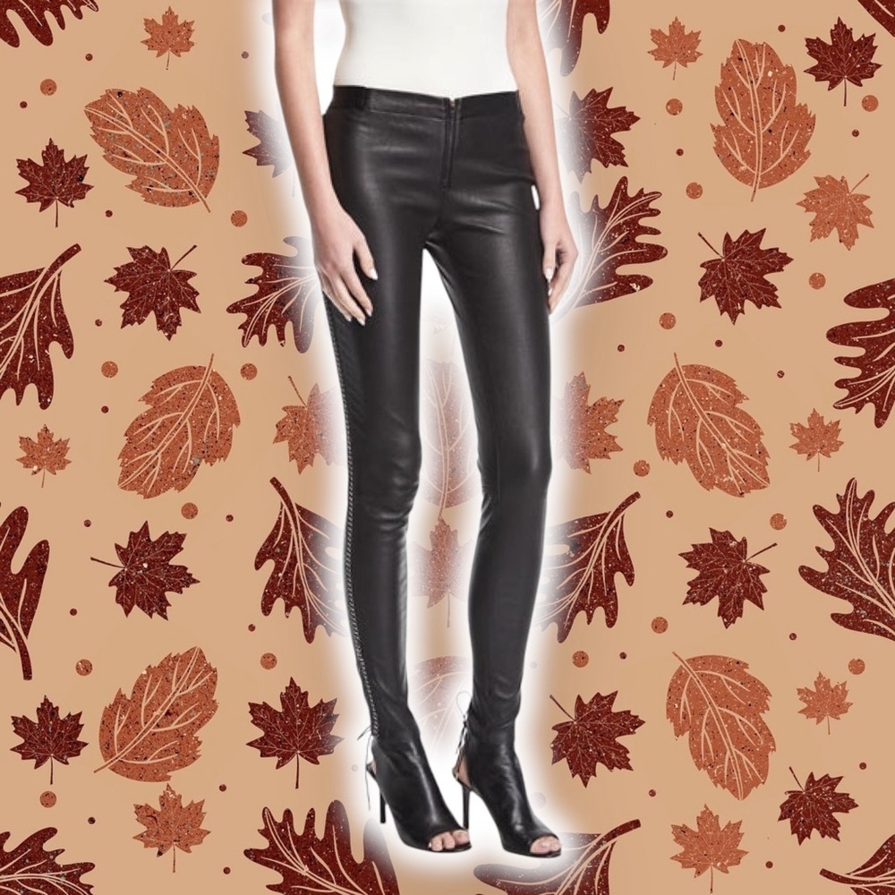 NWT Alice + Olivia Black 100% Leather ‘Maddox’ Front-Zip Leggings w/ Chain Sides